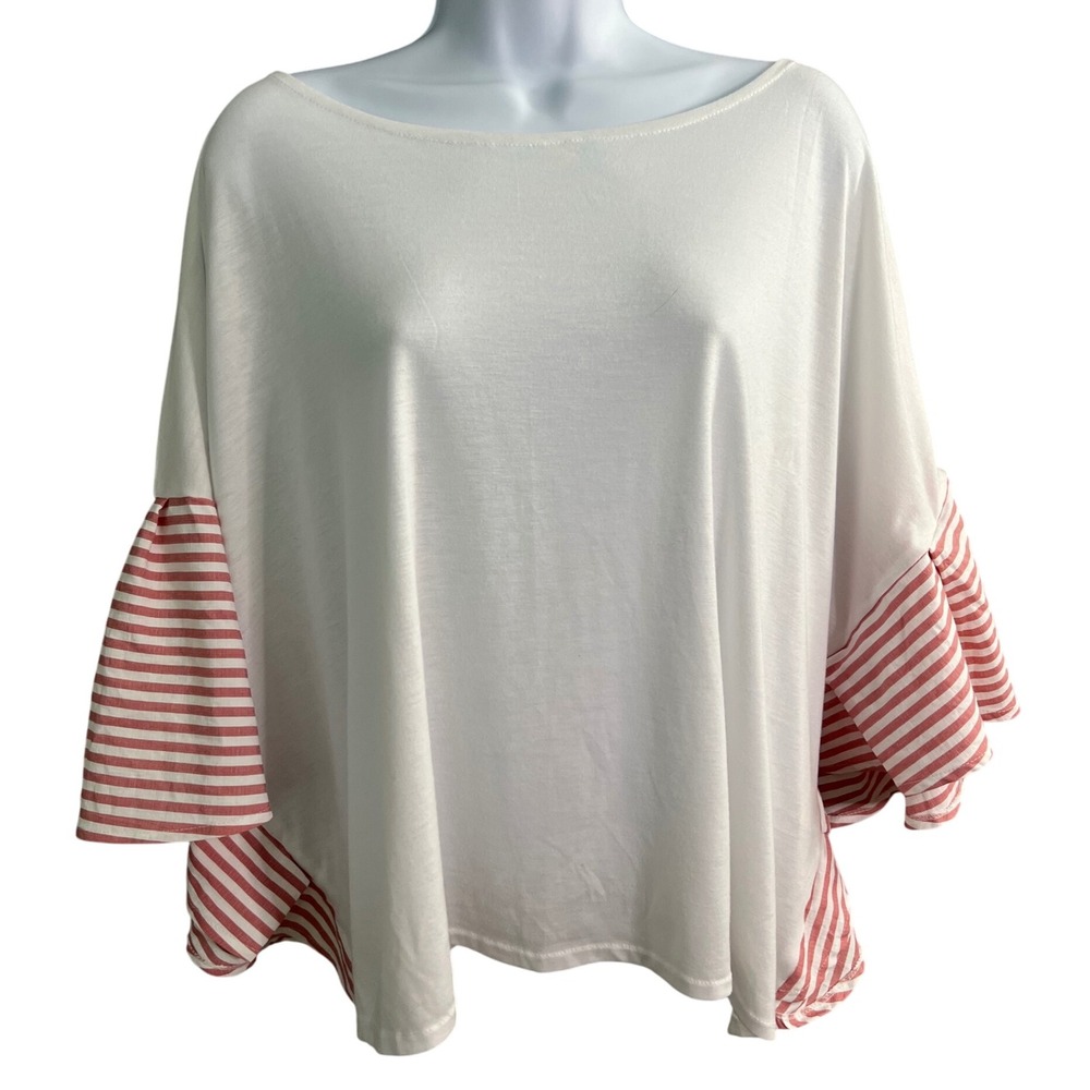 Do Everything In‎ Love Blouse OS Red Stripe Bell Sleeve Pullover Preppy Casual